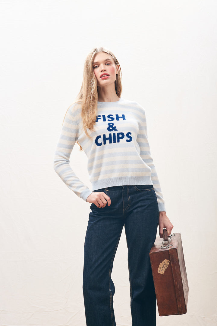 Fish And Chips Cashmere Crew - Pale Blue/Midnight Blue