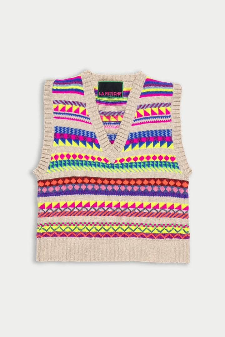 Neon Fairisle V-Neck Vest - Multi