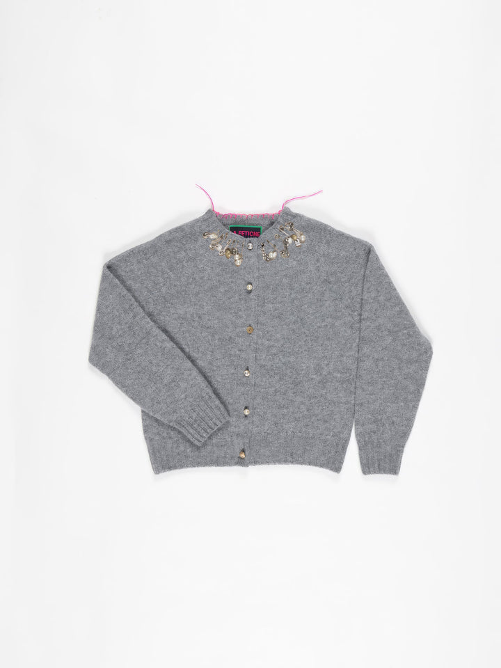 Embellished Crew Neck Cardigan - Grey