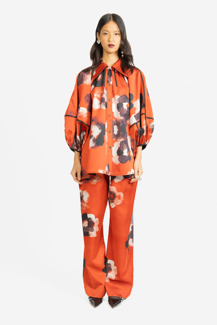 Classic Tilly Shirt - Crimson Red/Water Floral Print Viscose linen Satin