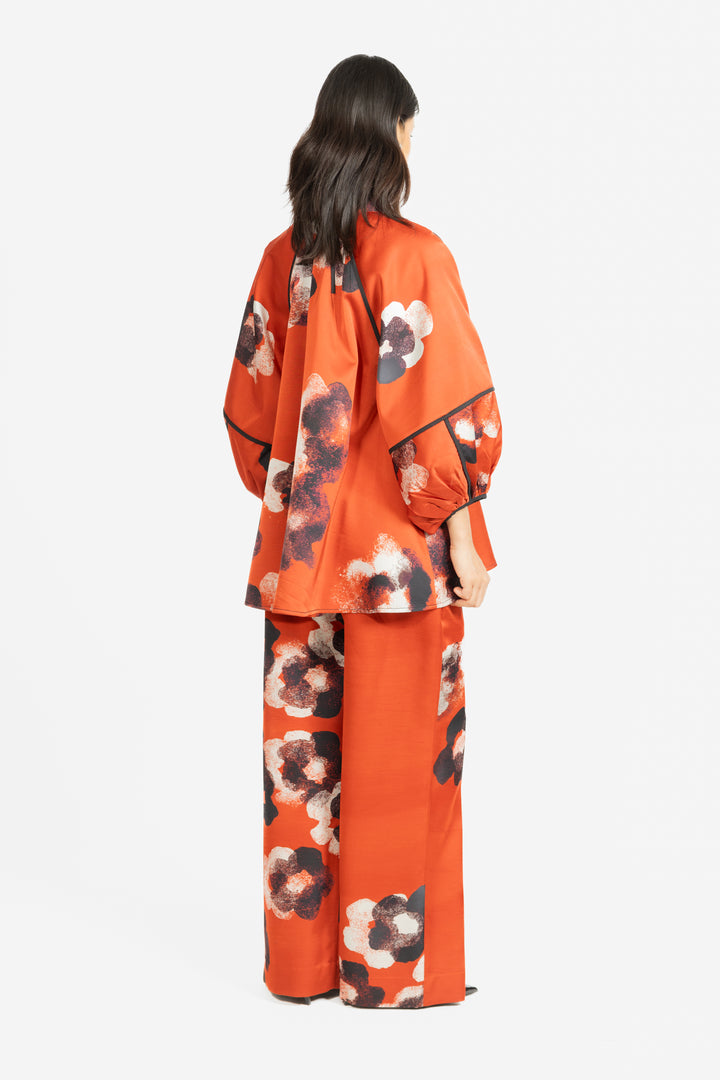 Classic Tilly Shirt - Crimson Red/Water Floral Print Viscose linen Satin