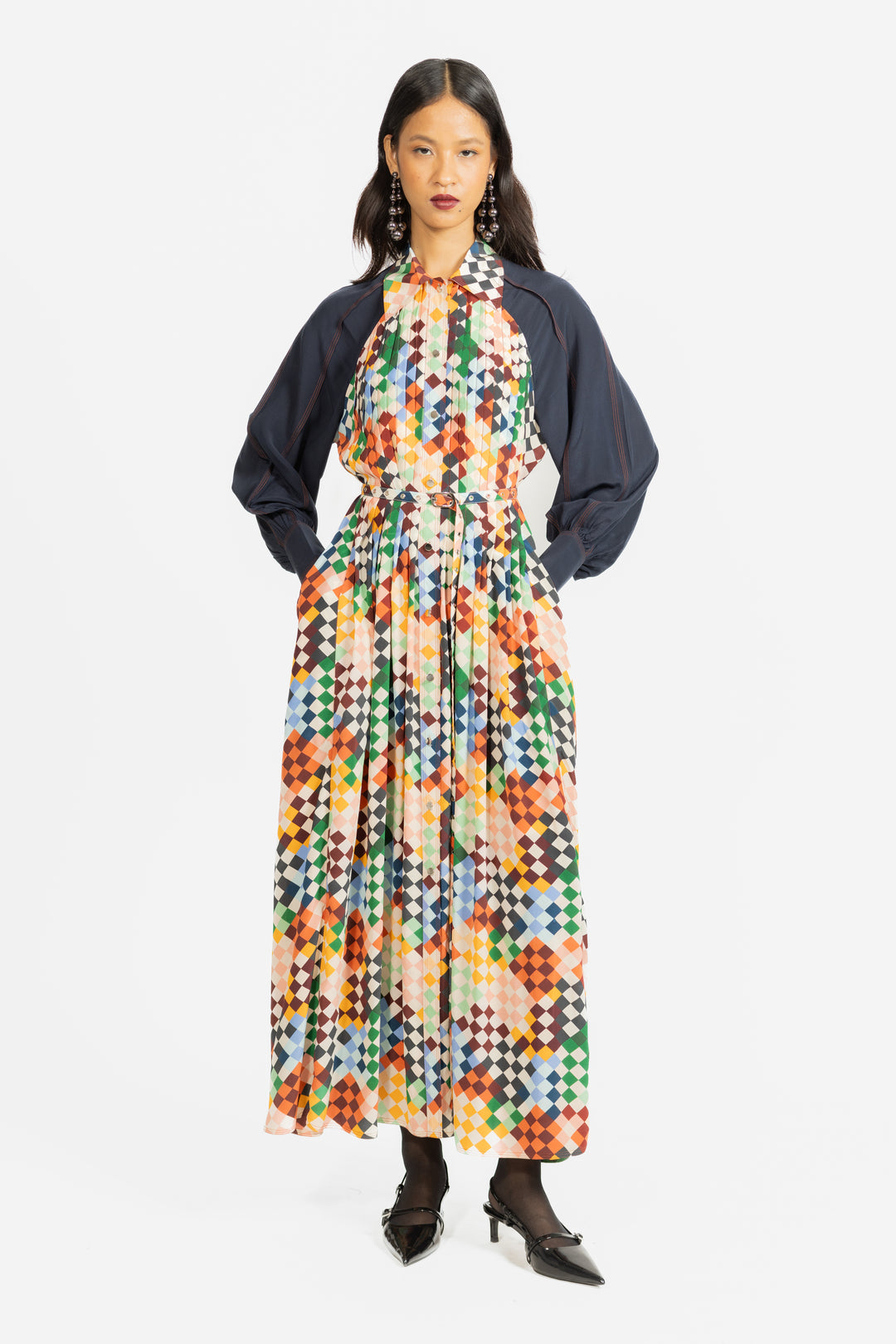 Zahara Dress - Navy/Multicolour Harlequin Print