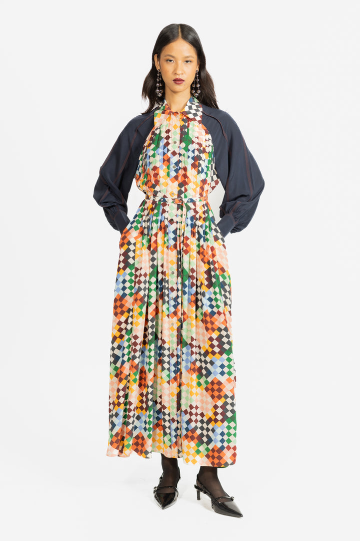Zahara Dress - Navy/Multicolour Harlequin Print