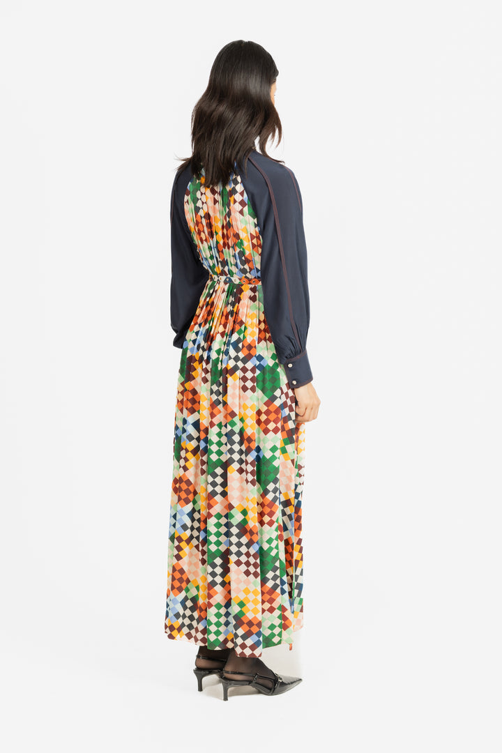 Zahara Dress - Navy/Multicolour Harlequin Print