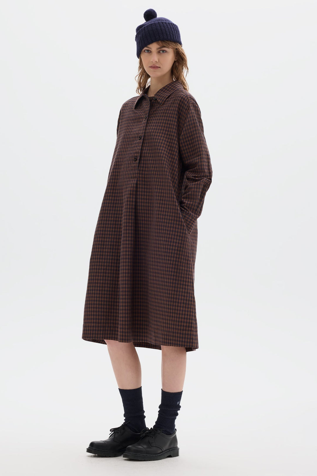 Offset Placket Dress -Chestnut Gingham