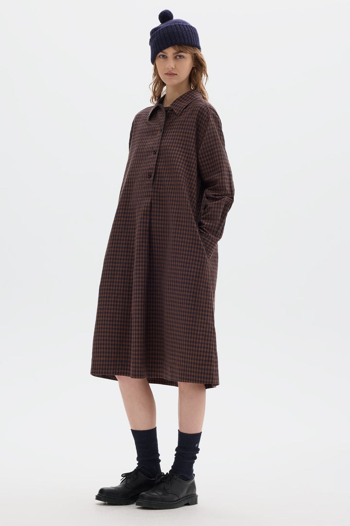 Offset Placket Dress -Chestnut Gingham