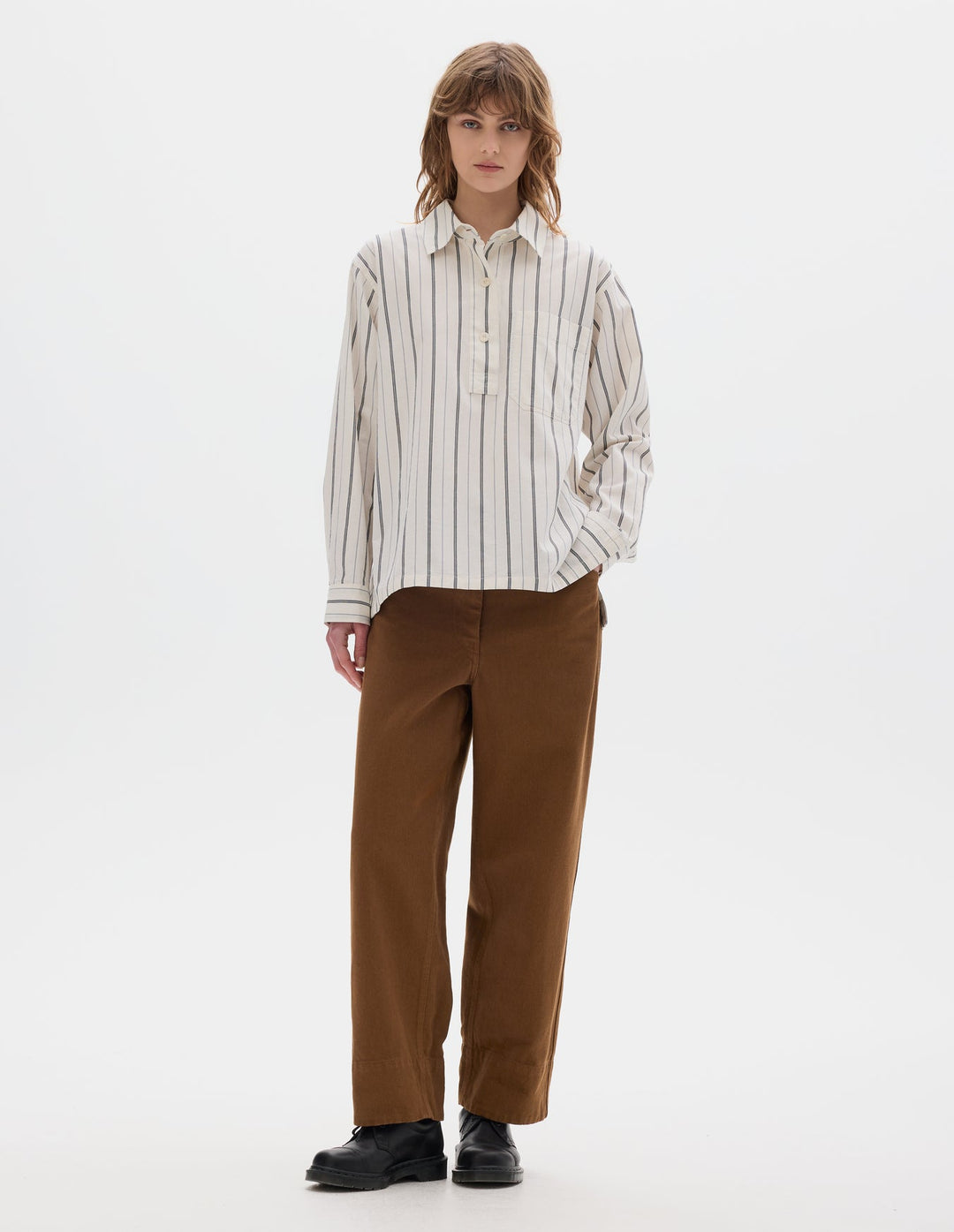Pull on Japanese Wide Stripe Shirt - Off White/Navy