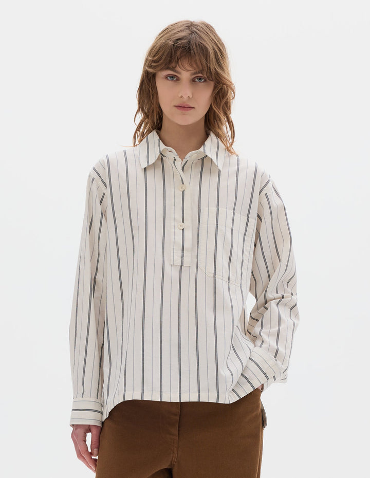 Pull on Japanese Wide Stripe Shirt - Off White/Navy