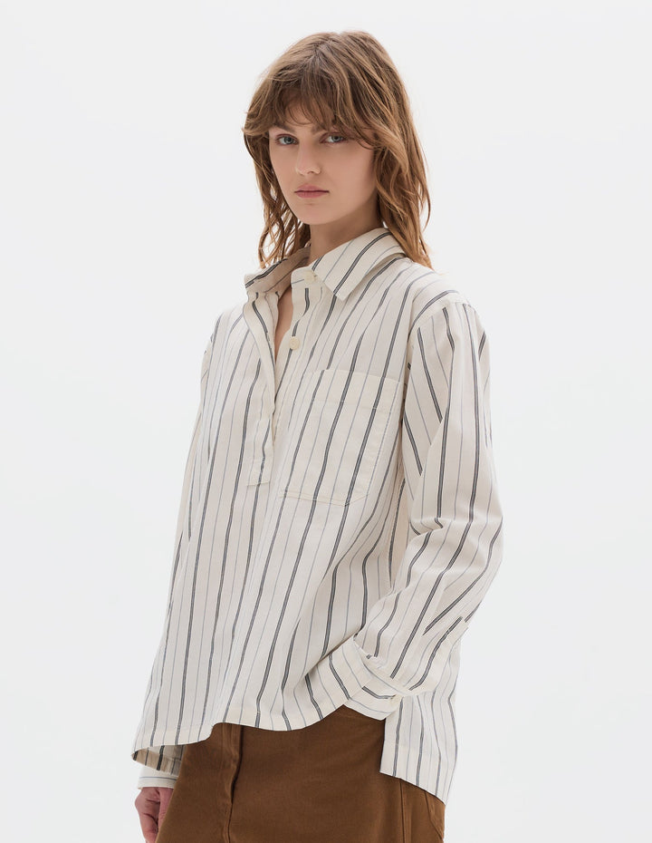 Pull on Japanese Wide Stripe Shirt - Off White/Navy