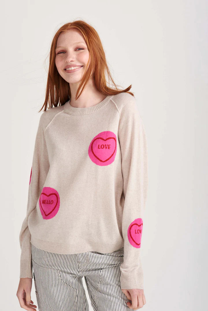 All Over Love Hearts Sweat - Oatmeal/Pink