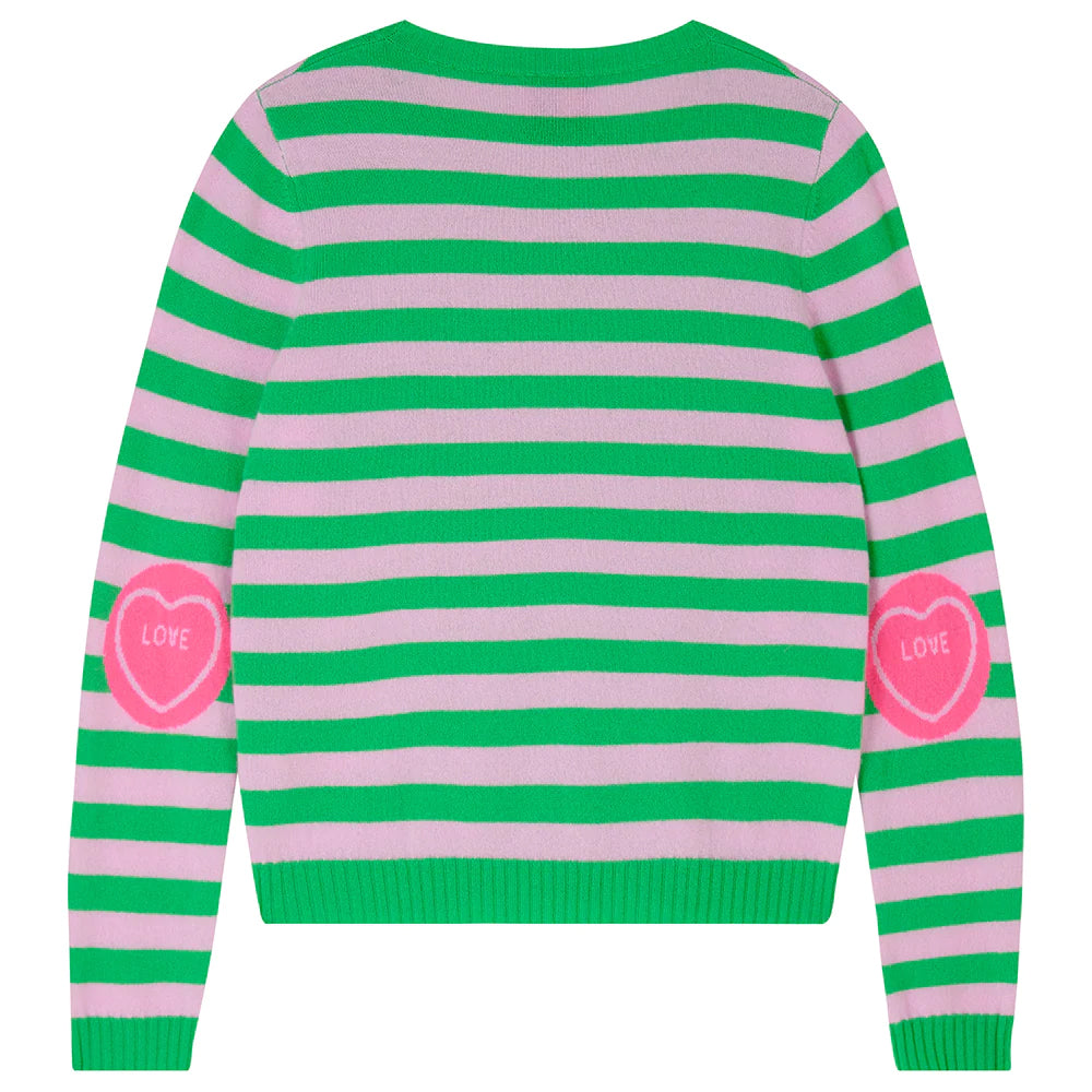 Cashmere Stripe Love Hearts Patch Crew - Bright Green/Pink
