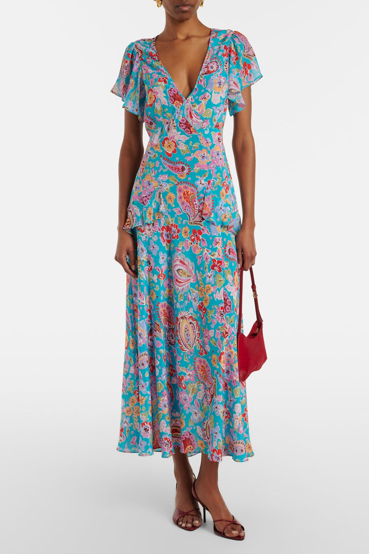 Evie Silk Midi Dress - Cara Floral Turquoise