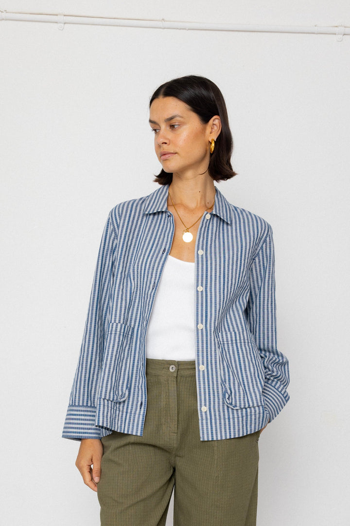 Pleated Shirt - Indigo Crinkle Mini Check - Frontiers Woman