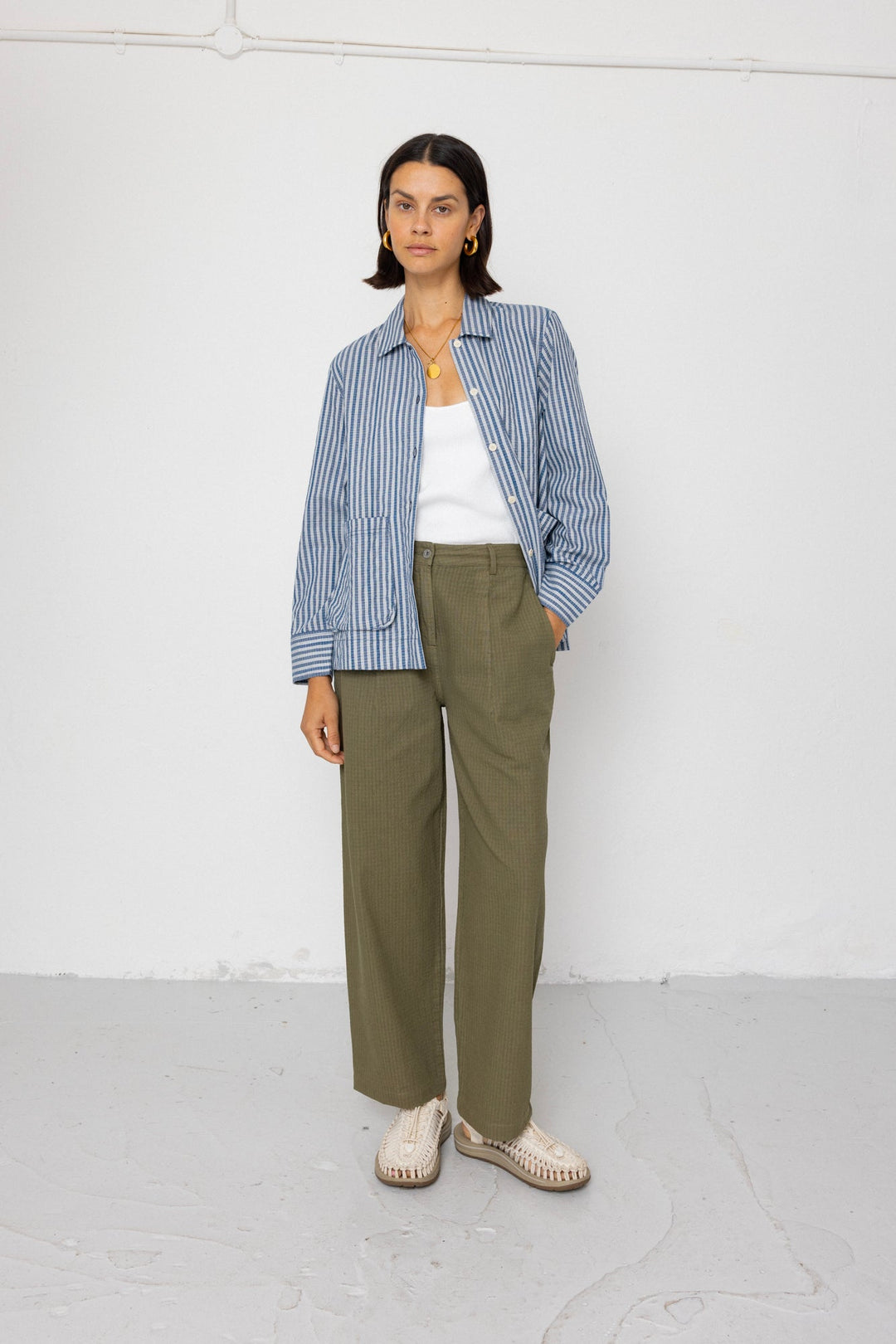 Pleated Shirt - Indigo Crinkle Mini Check - Frontiers Woman