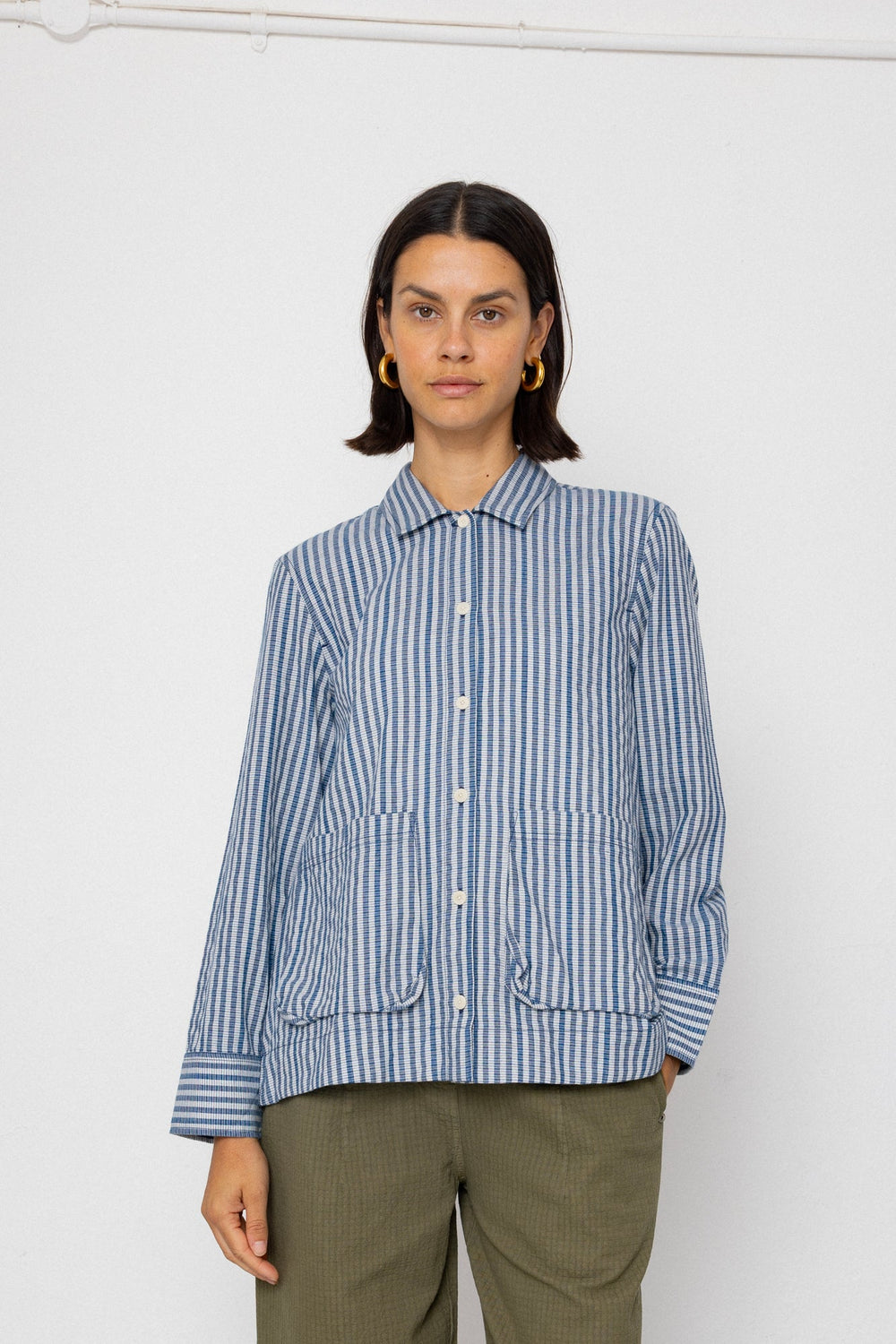Pleated Shirt - Indigo Crinkle Mini Check - Frontiers Woman