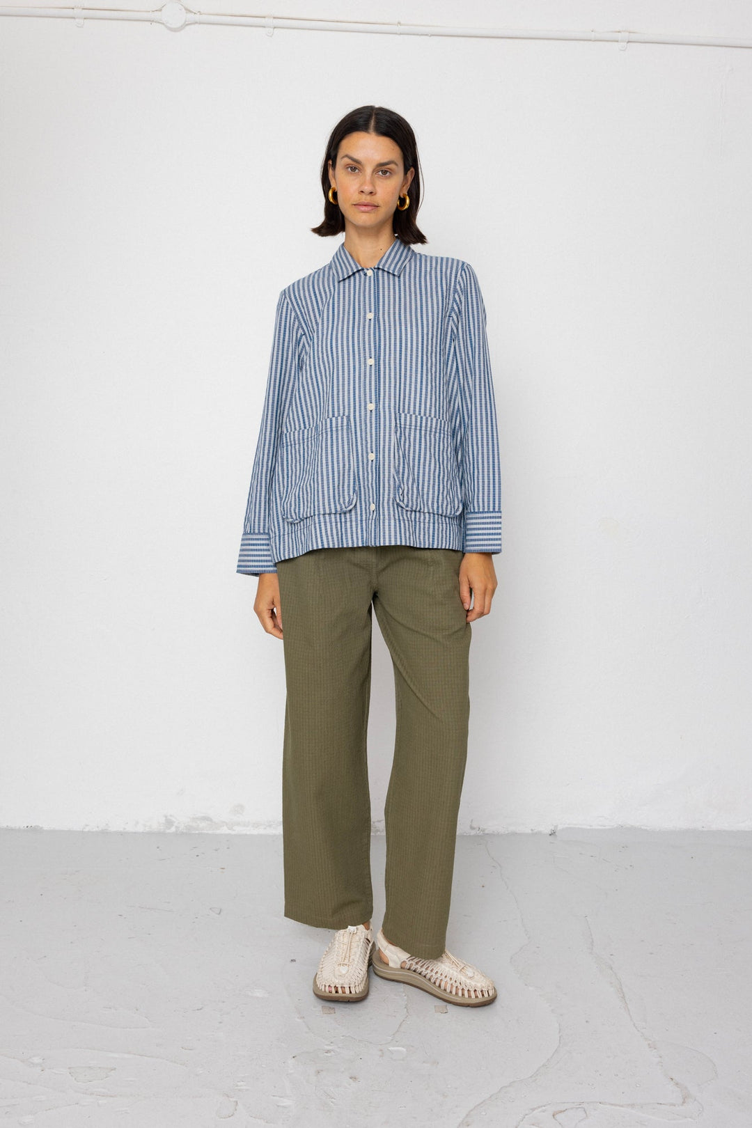 Pleated Shirt - Indigo Crinkle Mini Check - Frontiers Woman