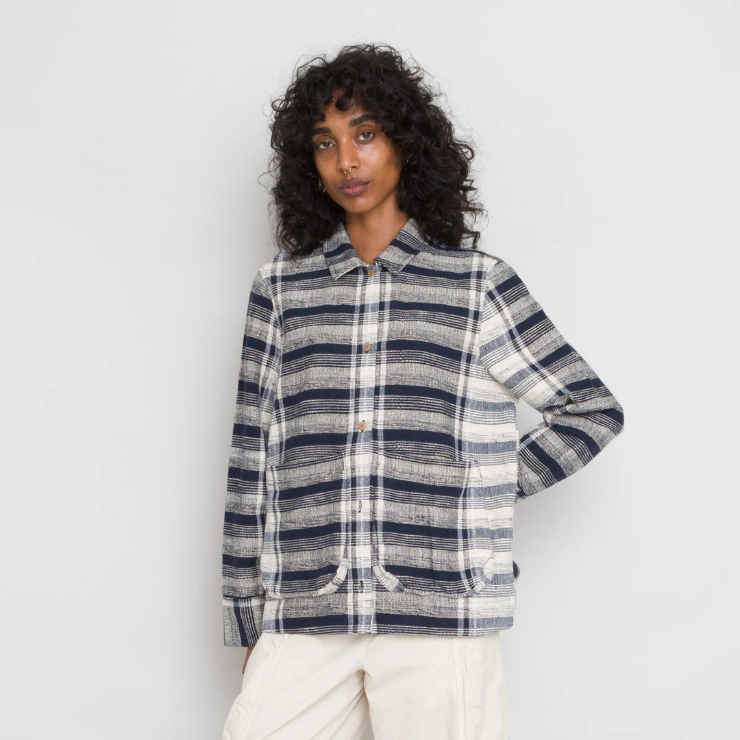 Pleated Shirt - Navy Basket Weave Check