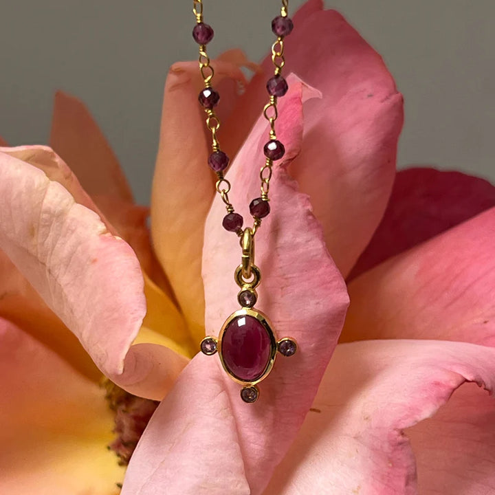 Serena Garnet And Amethyst Pendant On Short Garnet Rosary Necklace
