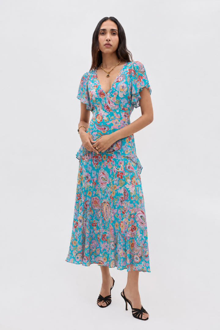 Evie Silk Midi Dress - Cara Floral Turquoise