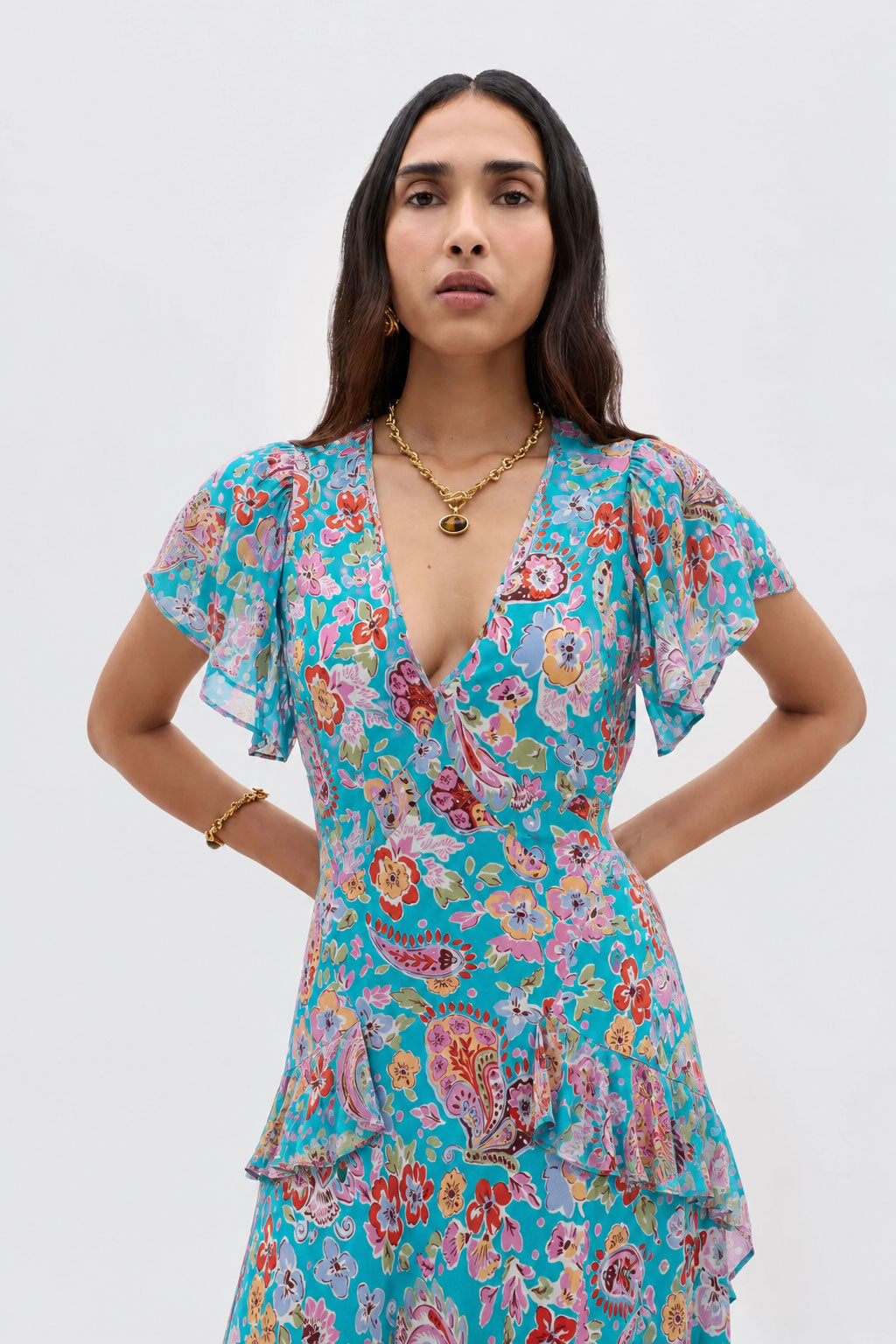Evie Silk Midi Dress - Cara Floral Turquoise