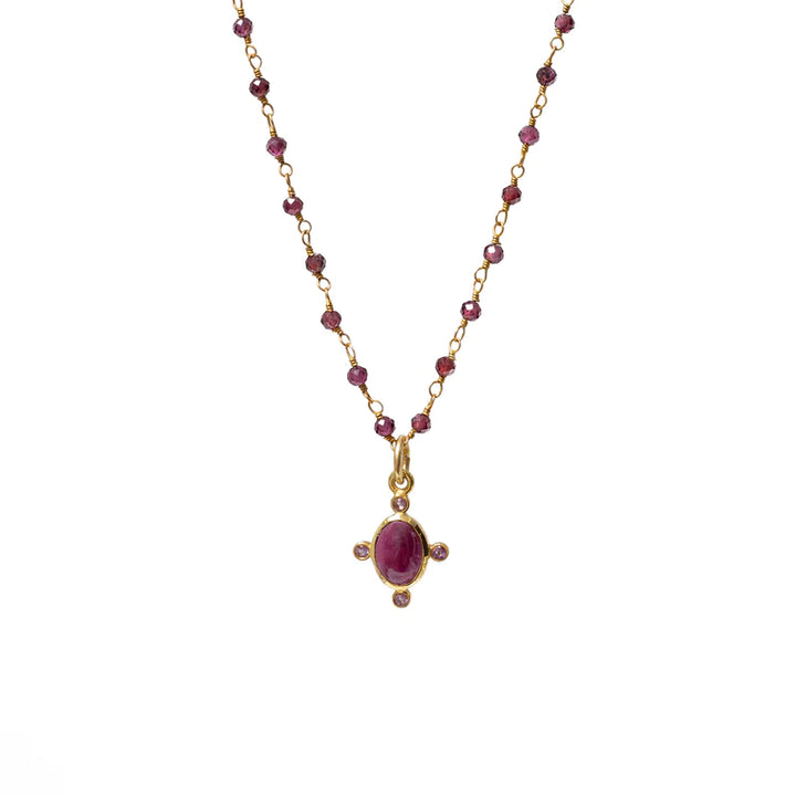 Serena Garnet And Amethyst Pendant On Short Garnet Rosary Necklace