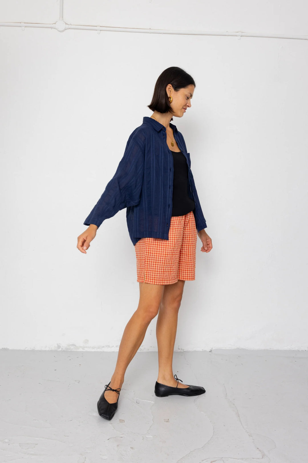 Soft Collar Shirt - Dark Navy Cutwork Stripe