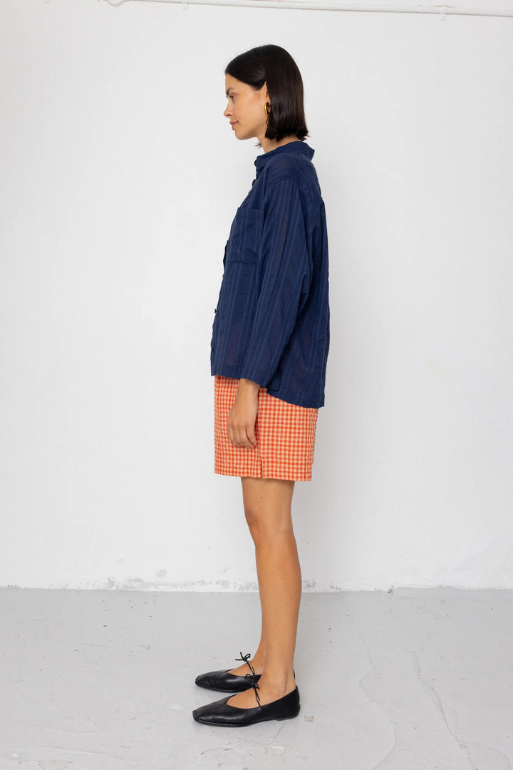 Soft Collar Shirt - Dark Navy Cutwork Stripe