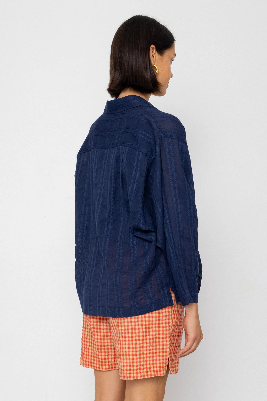 Soft Collar Shirt - Dark Navy Cutwork Stripe