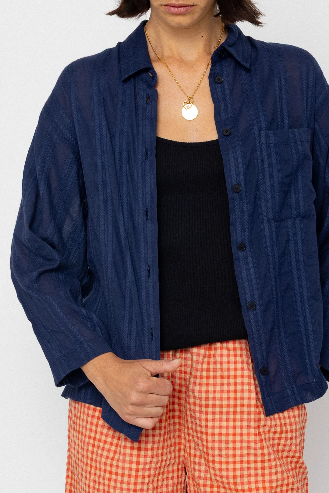 Soft Collar Shirt - Dark Navy Cutwork Stripe