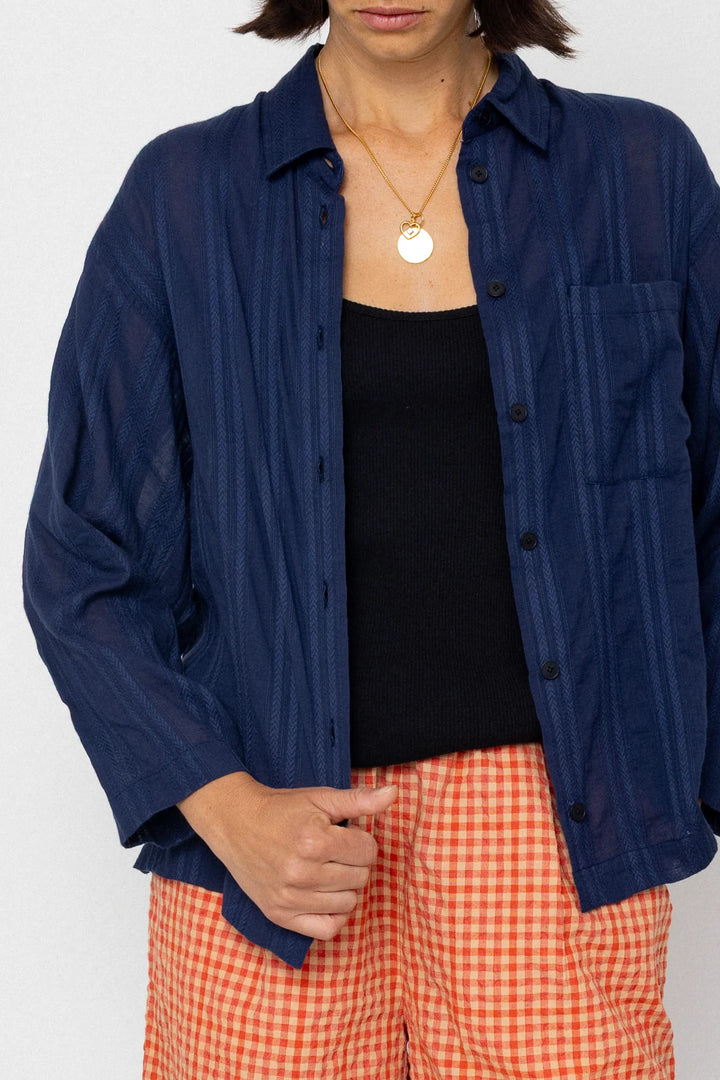 Soft Collar Shirt - Dark Navy Cutwork Stripe