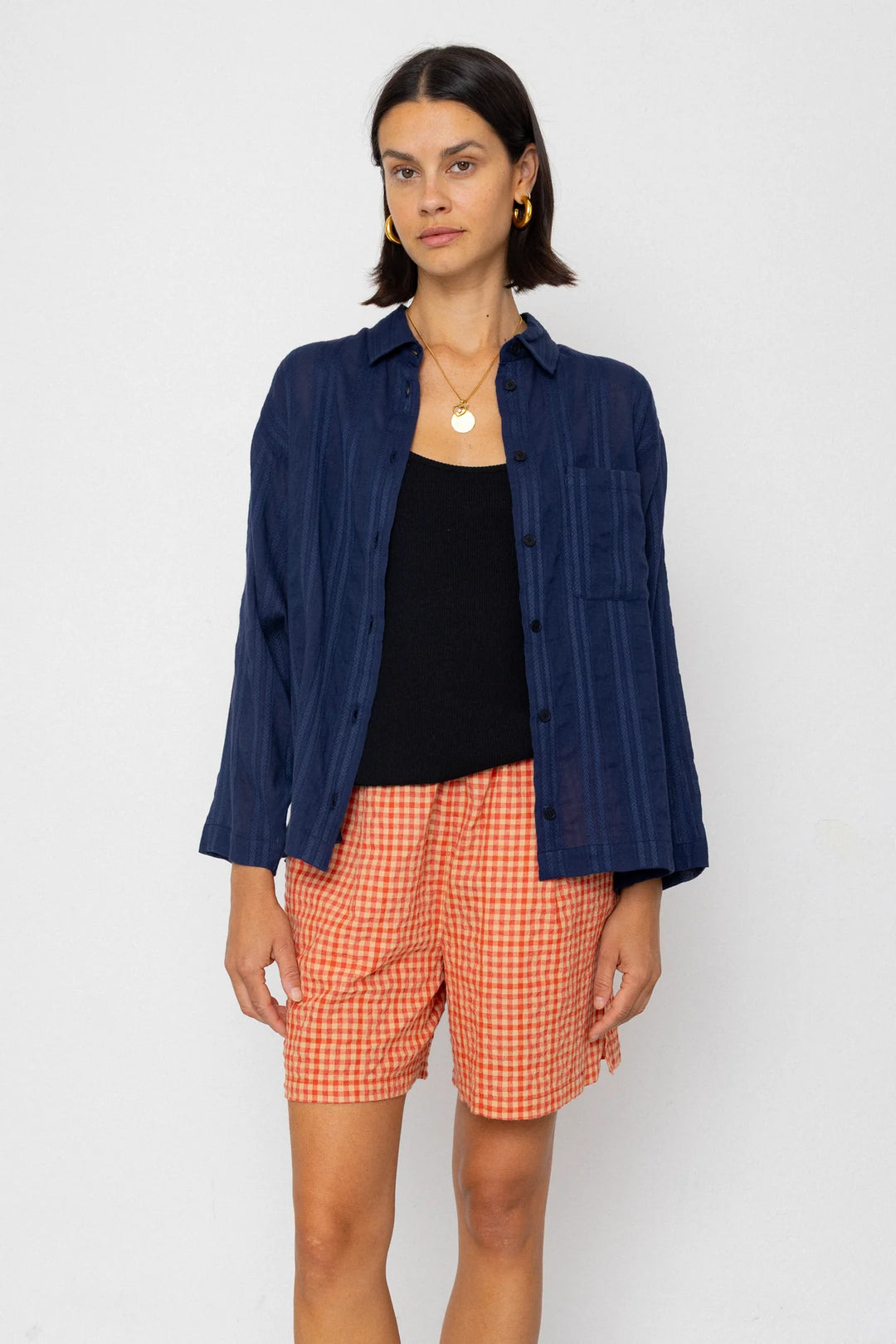 Soft Collar Shirt - Dark Navy Cutwork Stripe