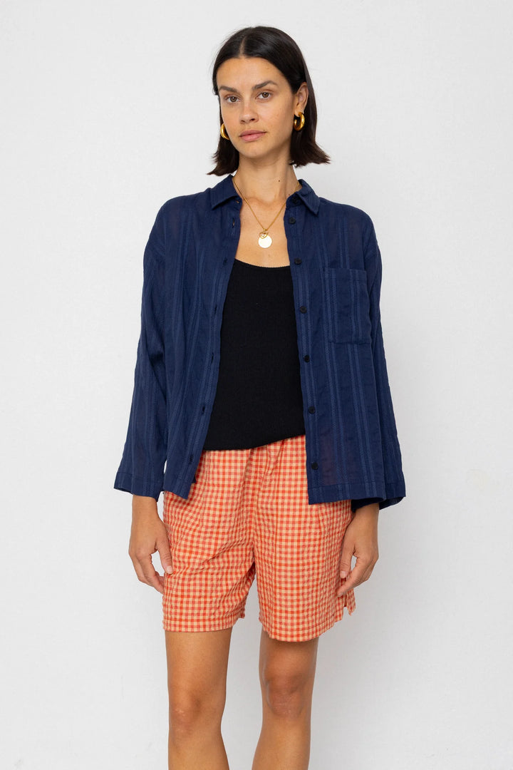 Soft Collar Shirt - Dark Navy Cutwork Stripe