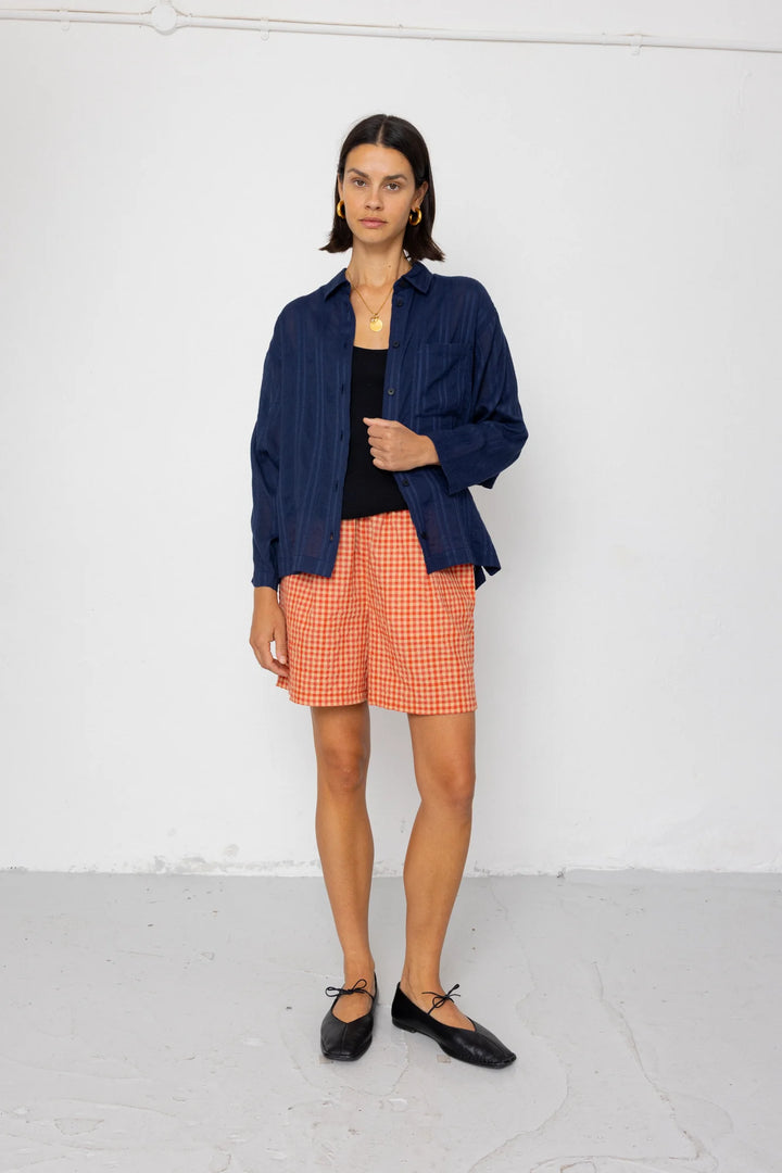 Soft Collar Shirt - Dark Navy Cutwork Stripe