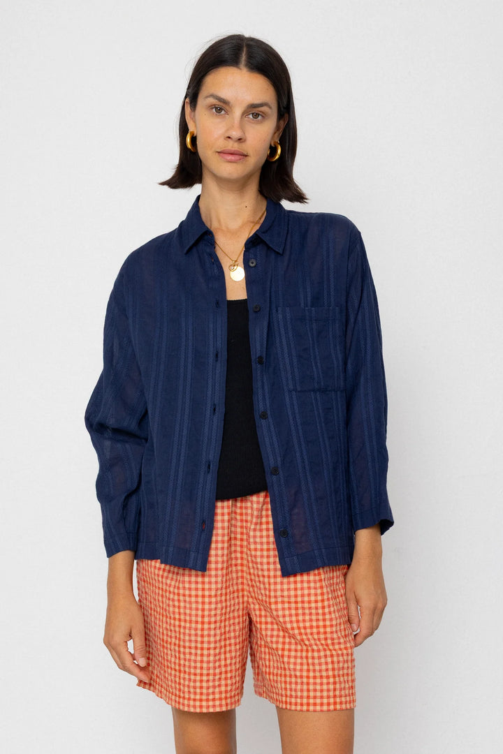 Soft Collar Shirt - Dark Navy Cutwork Stripe