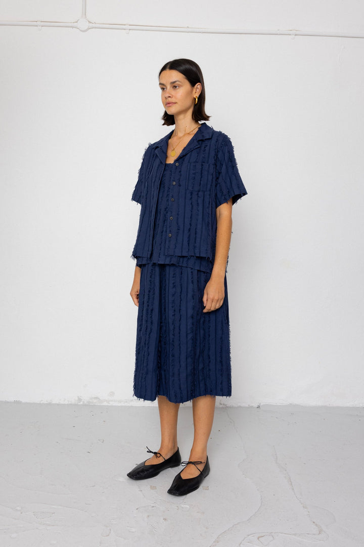 Soft Collar Shirt - Dark Navy Cutwork Stripe - Frontiers Woman