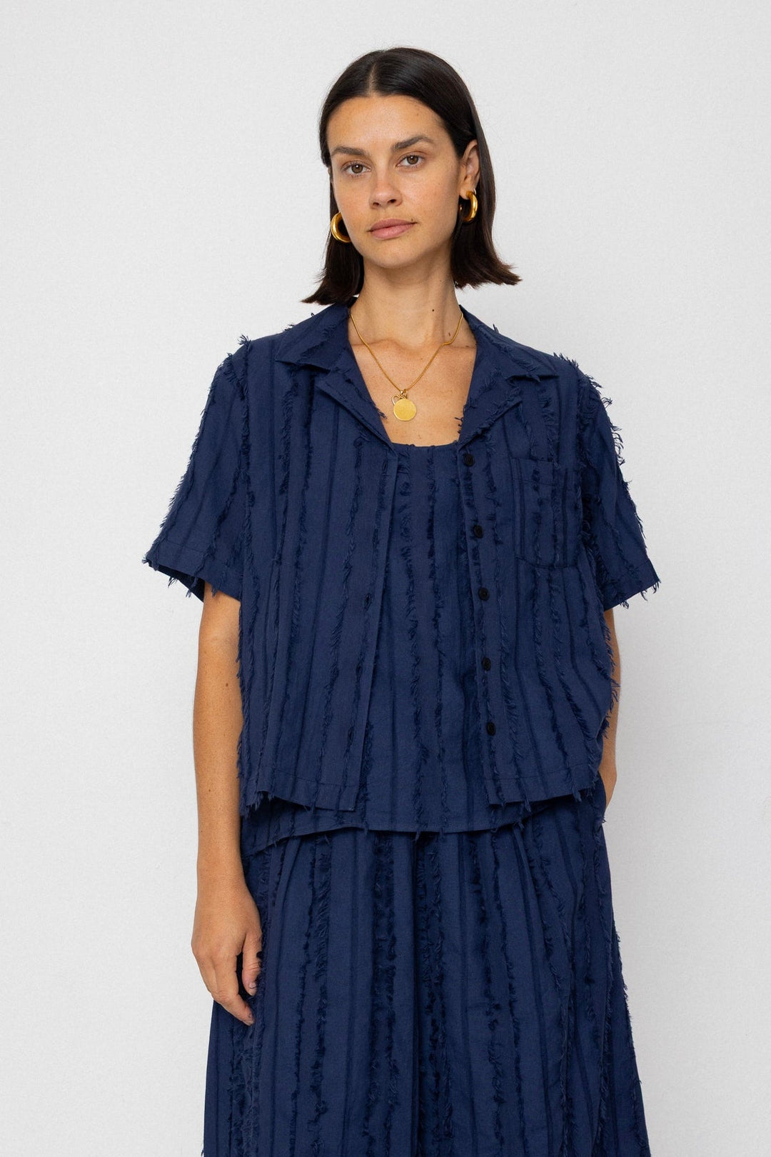 Soft Collar Shirt - Dark Navy Cutwork Stripe - Frontiers Woman
