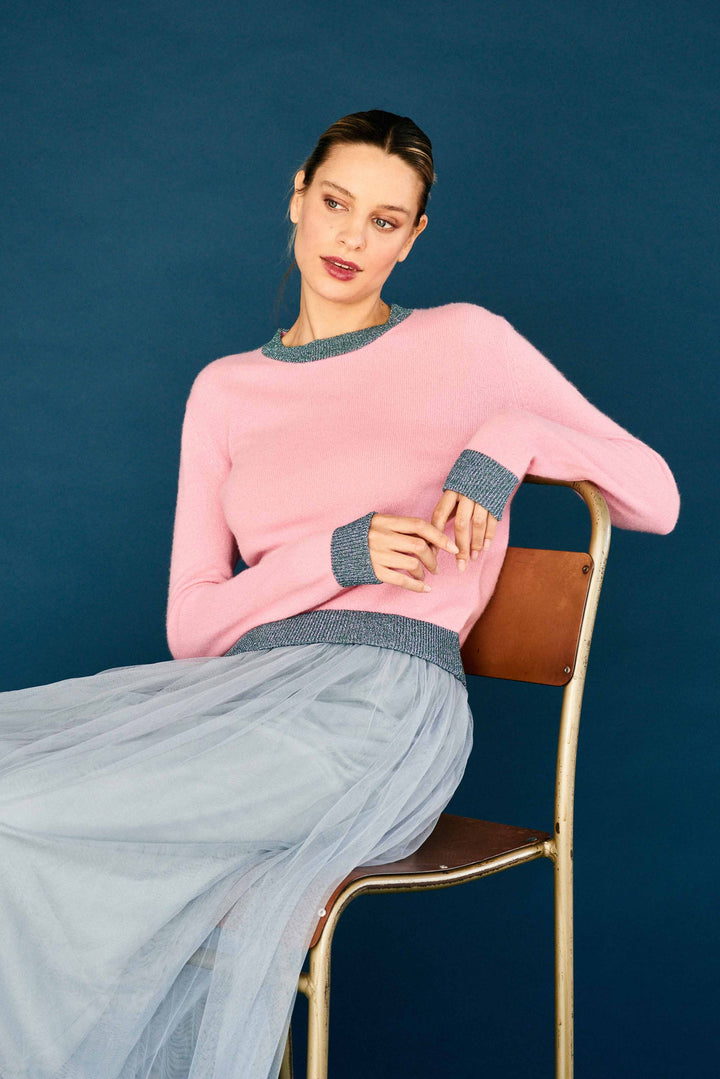 Lurex Trim Crew Cashmere - Candy/Blue