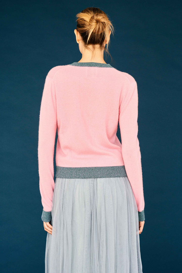 Lurex Trim Crew Cashmere - Candy/Blue