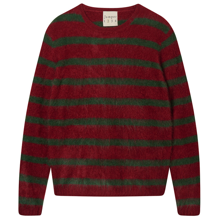 Brushed Stripe Cashmere Crew - Rouge/Jungle