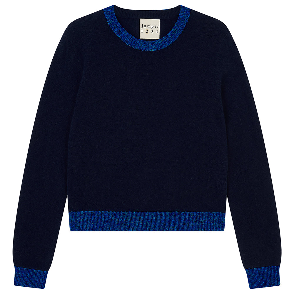 Lurex Trim Crew Cashmere - New Navy/Bright Blue