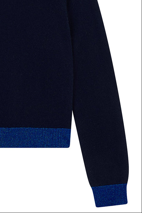 Lurex Trim Crew Cashmere - Navy/Bright Blue