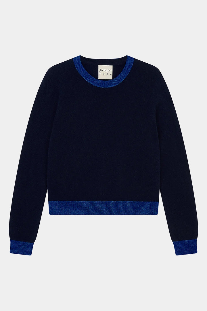 Lurex Trim Crew Cashmere - Navy/Bright Blue