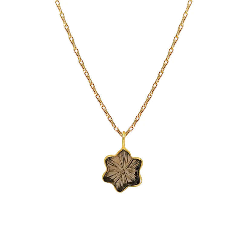 Carved Smokey Quartz Star Pendant  On Mini Torsade Chain Necklace