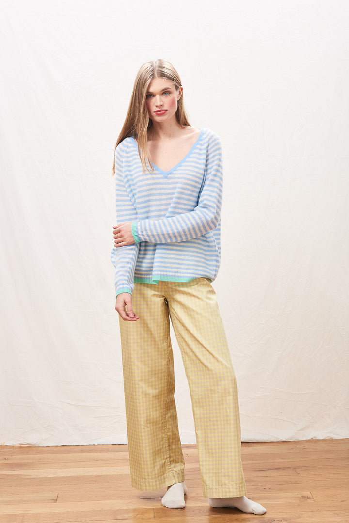 Tipped Little Stripe Cashmere Vee - Arctic Blue/Cream/Mojito