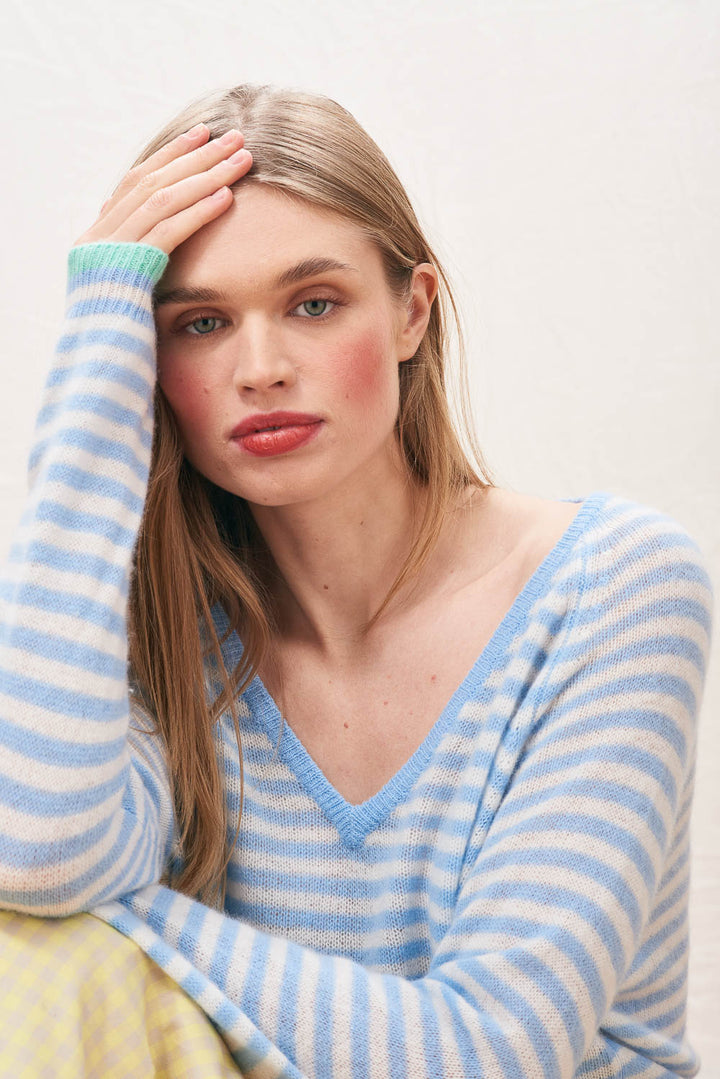 Tipped Little Stripe Cashmere Vee - Arctic Blue/Cream/Mojito