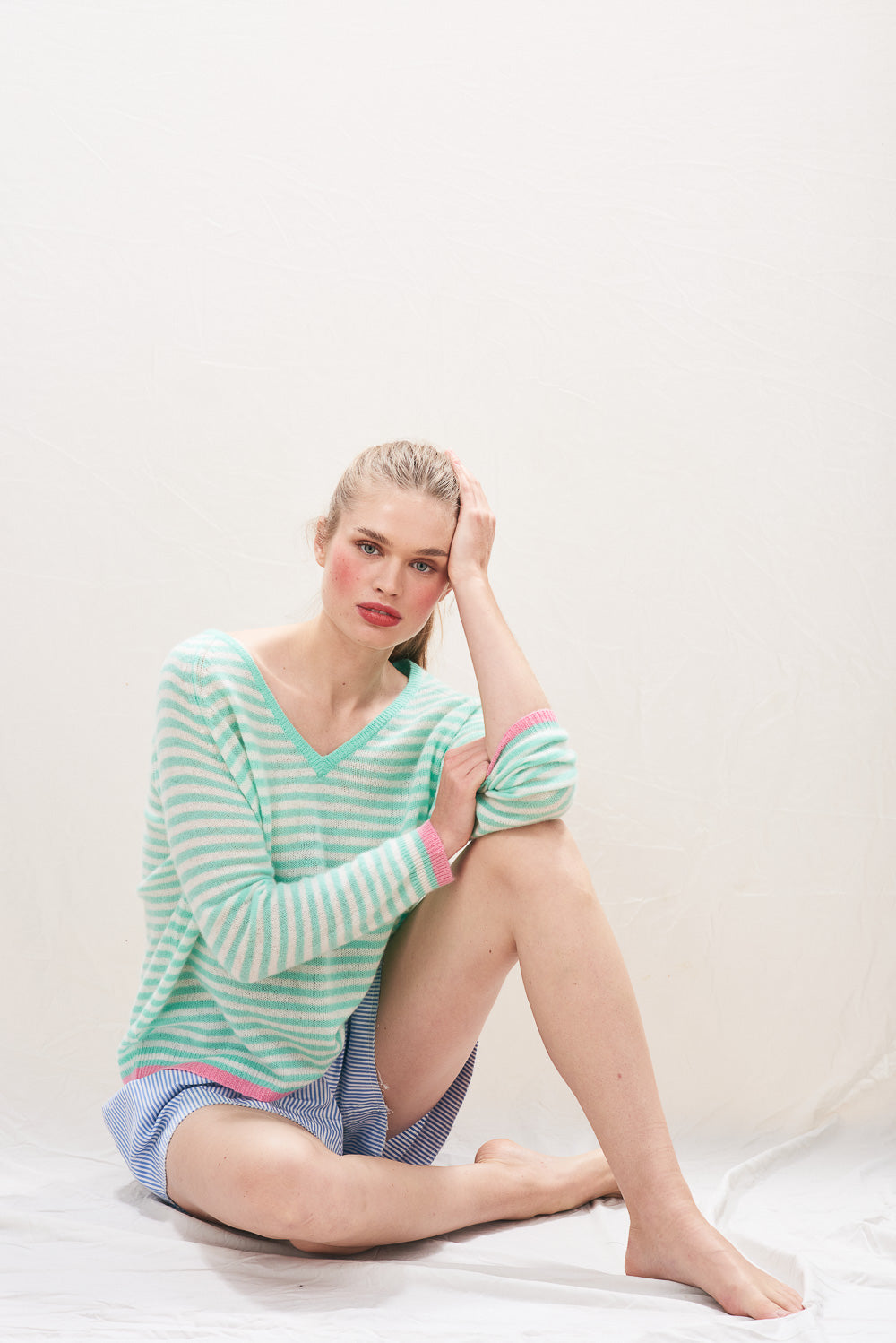 Tipped Little Stripe Cashmere Vee - Mojito/Cream/Cosmo Pink