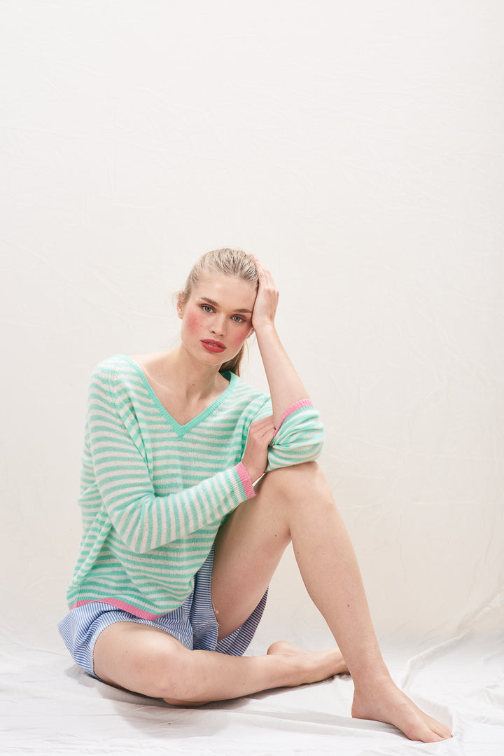 Tipped Little Stripe Cashmere Vee - Mojito/Cream/Cosmo Pink