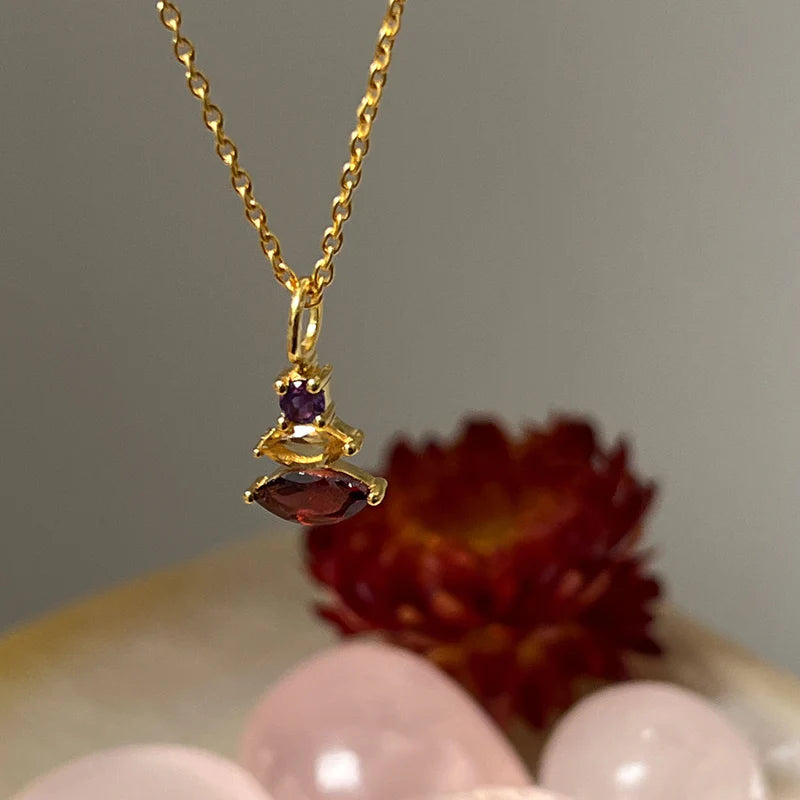 Trinity Garnet, Citrine & Amethyst On Short Cable Chain Necklace