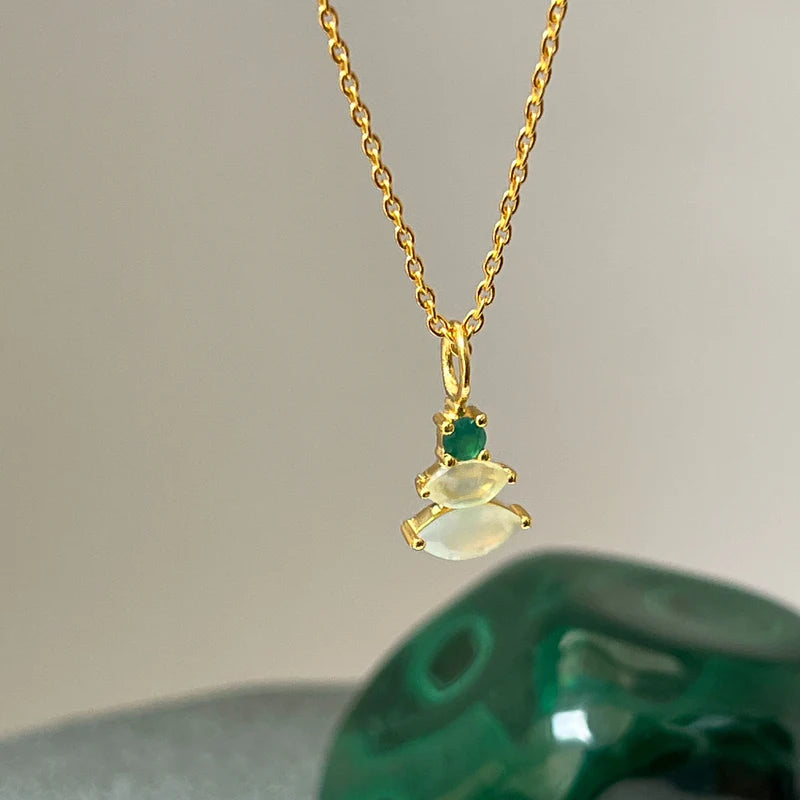 Trinity Aqua Chalcedony, Prehnite & Green Onyx On Short Cable Chain Necklace
