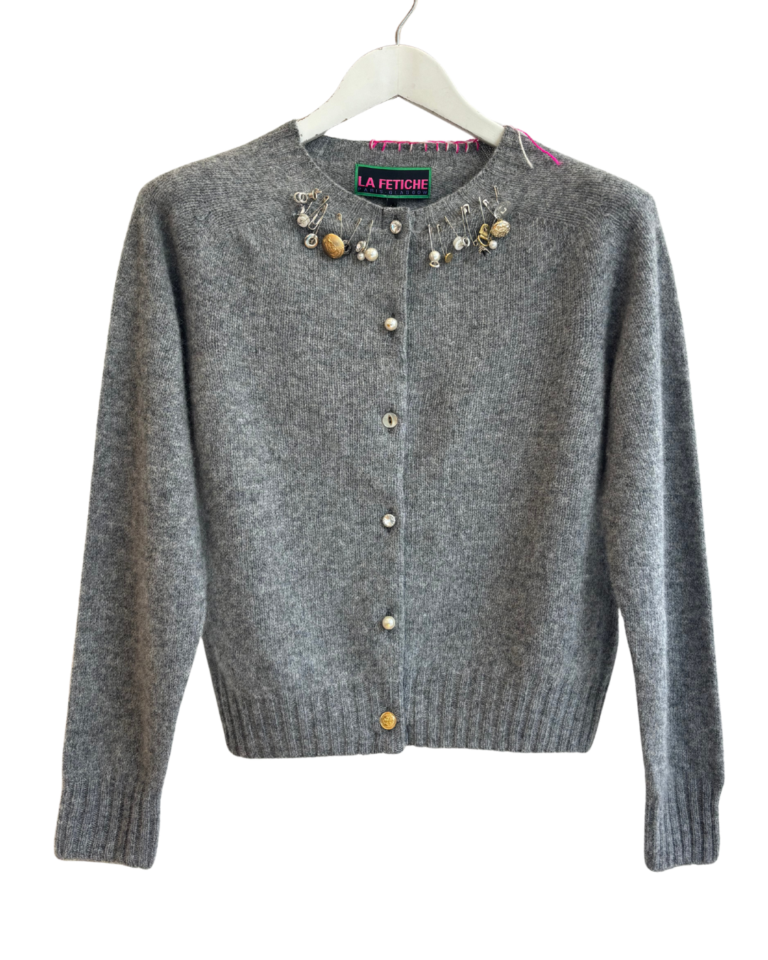 Embellished Crew Neck Cardigan - Grey